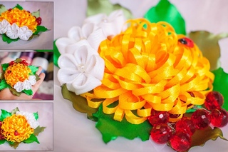 Яркая Летняя Композиция Канзаши МК / узкая лента / DIY Kanzashi / Tutorial