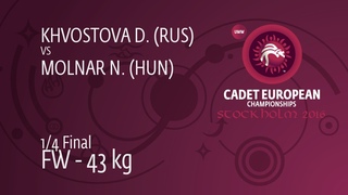1/4 FW - 43 kg: D. KHVOSTOVA (RUS) df. N. MOLNAR (HUN), 10-4